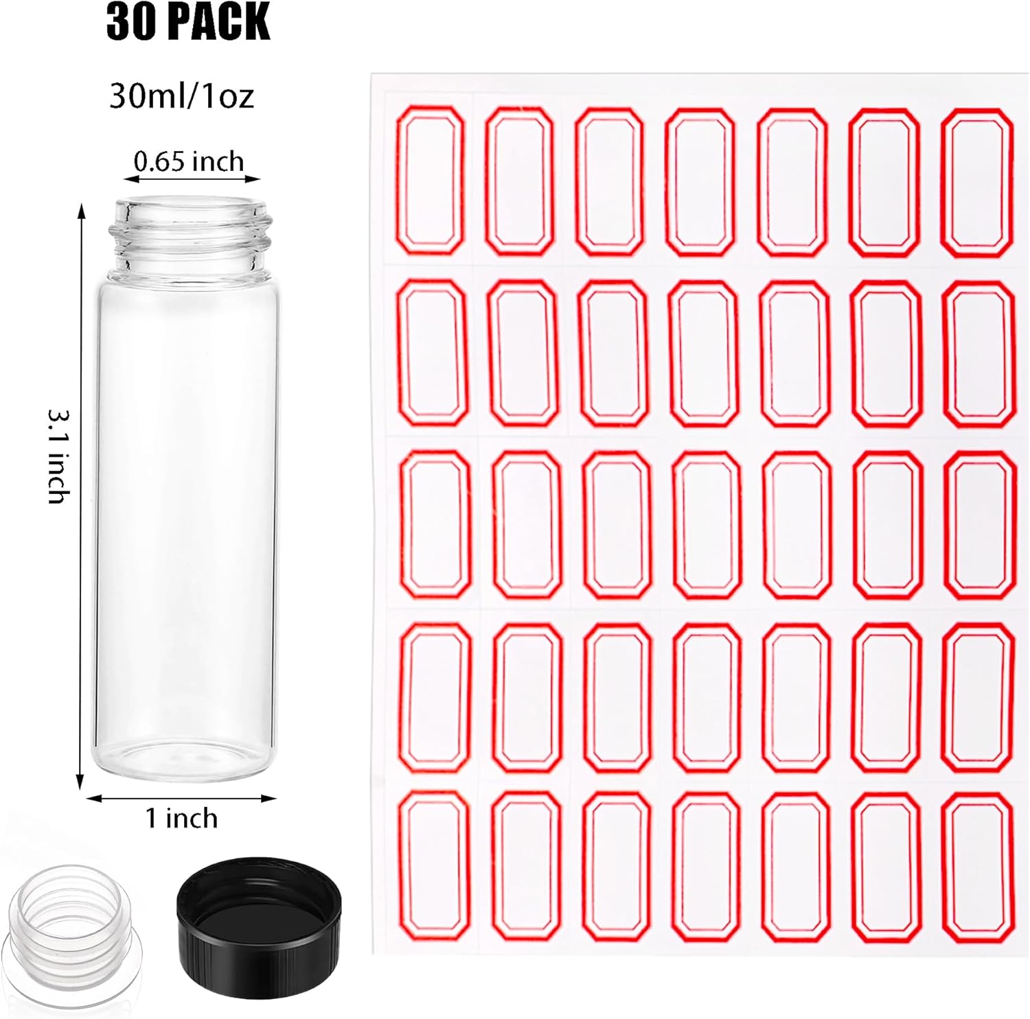 Nicunom 30 Pack 30ml Glass Vials with Screw Caps and Stoppers, 1oz Clear Glass Bottles Small Empty Vials Liquid Sample Vial, Leak-Proof