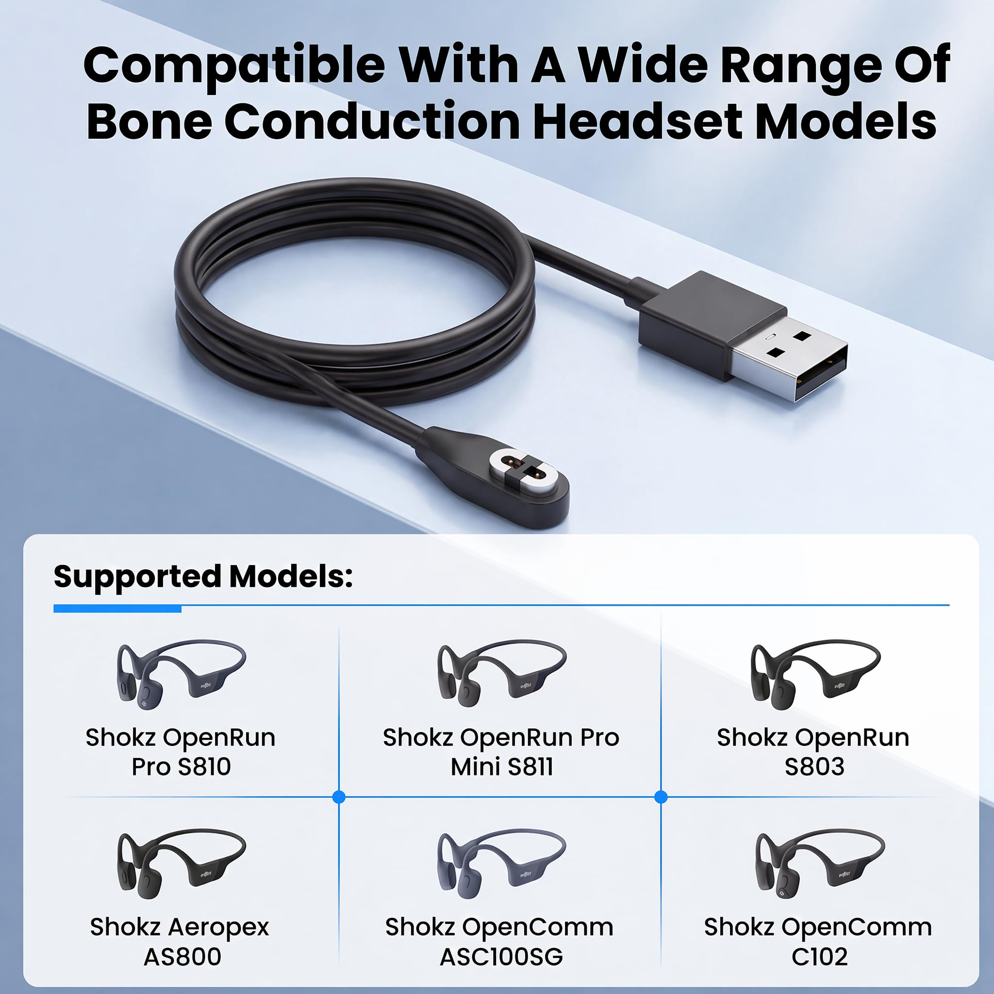 2 sztuki 1M kabel USB magnetyczny do ładowania, kompatybilny z Shokz, kabel zamienny z stabilnym połączeniem, kompatybilny z Shokz Aeropex As800 & Openrun/Openrun Pro/Openrun Mini/Opencomm przewodami