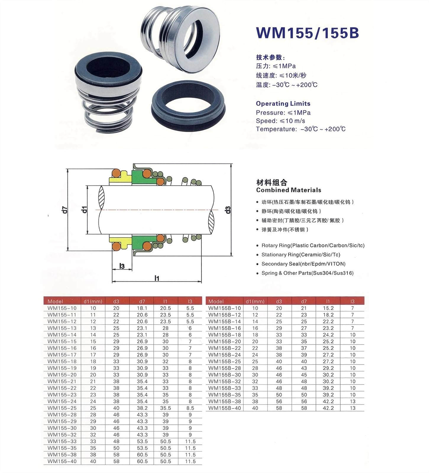 Serie 155 CE-CA-NBR o SIC-SIC-FKM 10 11 12 13 14 15 16 17 18-50mm Guarnizione Meccanica for Pompa 'Acqua con Molla a Spirale Singola(CE-CA-NBR 155,10mm)