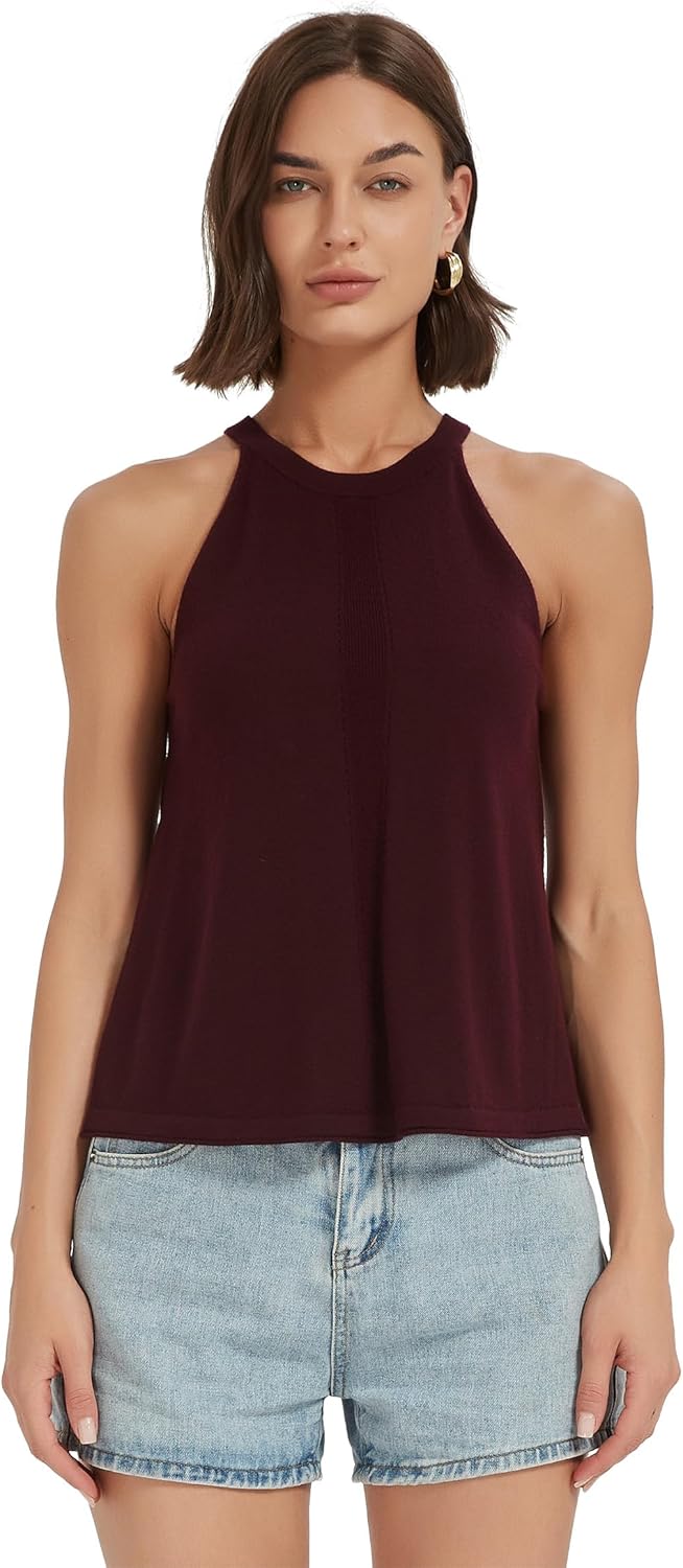 100% Merino Wool Tank Top for Women, Halter Neck, Lightweight Breathable, Casual Shirts Sleeveless, Soft Tees Blouses