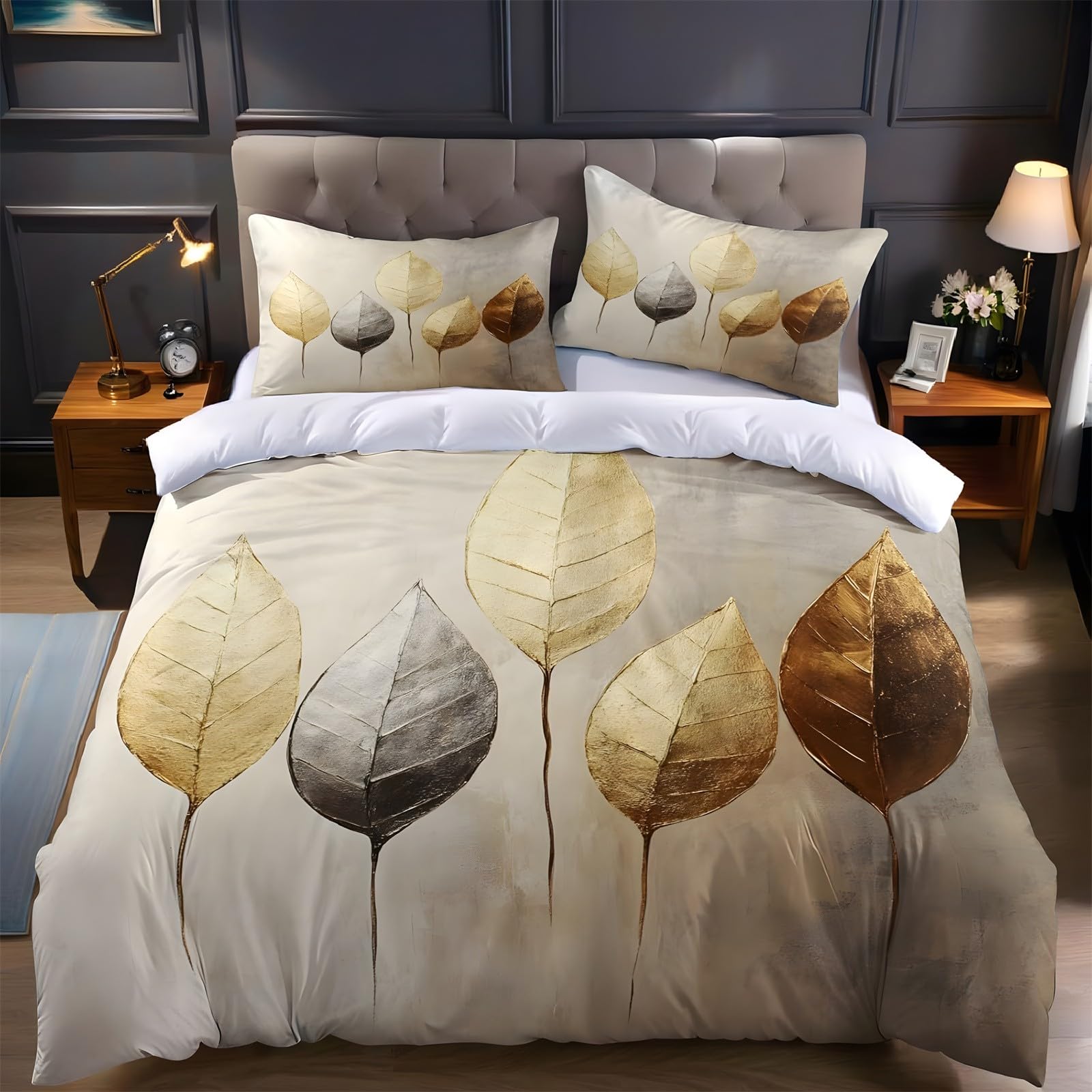 Ypthriline Double Bedding Set Gold Leaf Bedding Set Microfiber Light Luxury Duvet Covers with Pillowcases Reversible Bedding With Zipper Closure 200x200CM