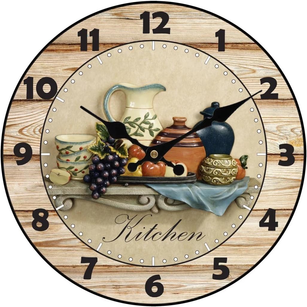Modern Home Decor Quiet Sweep Movement Kitchen Round Wood Wall Clock Fruit Ceramics 14inch