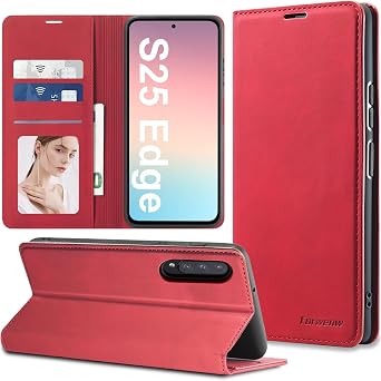 for Samsung Galaxy S25 Edge Case Flip Leather Cover with Hinge Protection, Slim Thin Magnetic Wallet Case [Card Holder], Shockproof Full-Body Protective for Samsung S25 Edge Phone Case Red