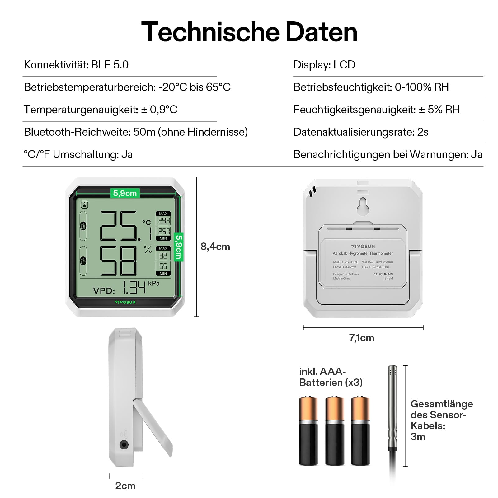 VIVOSUN AeroLab THB1S Drahtloses Bluetooth Hygrometer Thermometer, Digitaler Temperatur- & Feuchtigkeitsmesser mit VPD, LCD-Display, Datenspeicher, Dualkanäle mit Sonde, Batterie