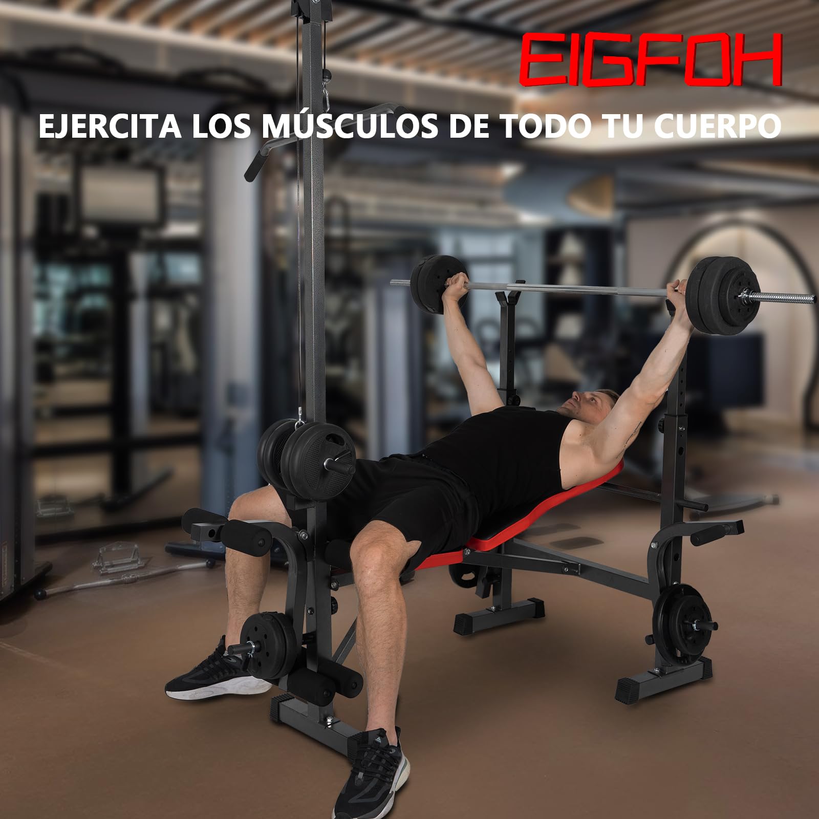 Banco de Pesas Multifuncional Banco de Musculación Plegable, Banco Abdominales Respaldo Ajustable Soporte de Barras con Entrenador de Polea, Banco Musculación Gym en Casa