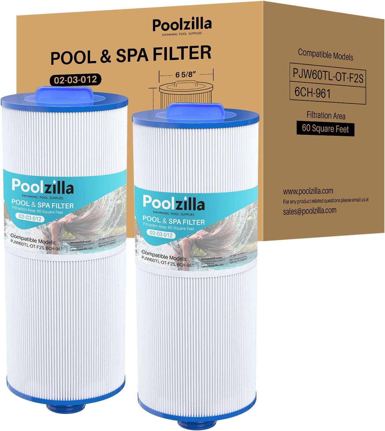 Poolzilla 2-Pack Replacement for Spa Filter PJW60TL-OT-F2S, Pleatco PJW60TL-OT-F2S, Unicel 6CH-961, Filbur FC-2715, J300, J400 - Filter Cartridge with Built-in Dispenser - 60 sq.ft