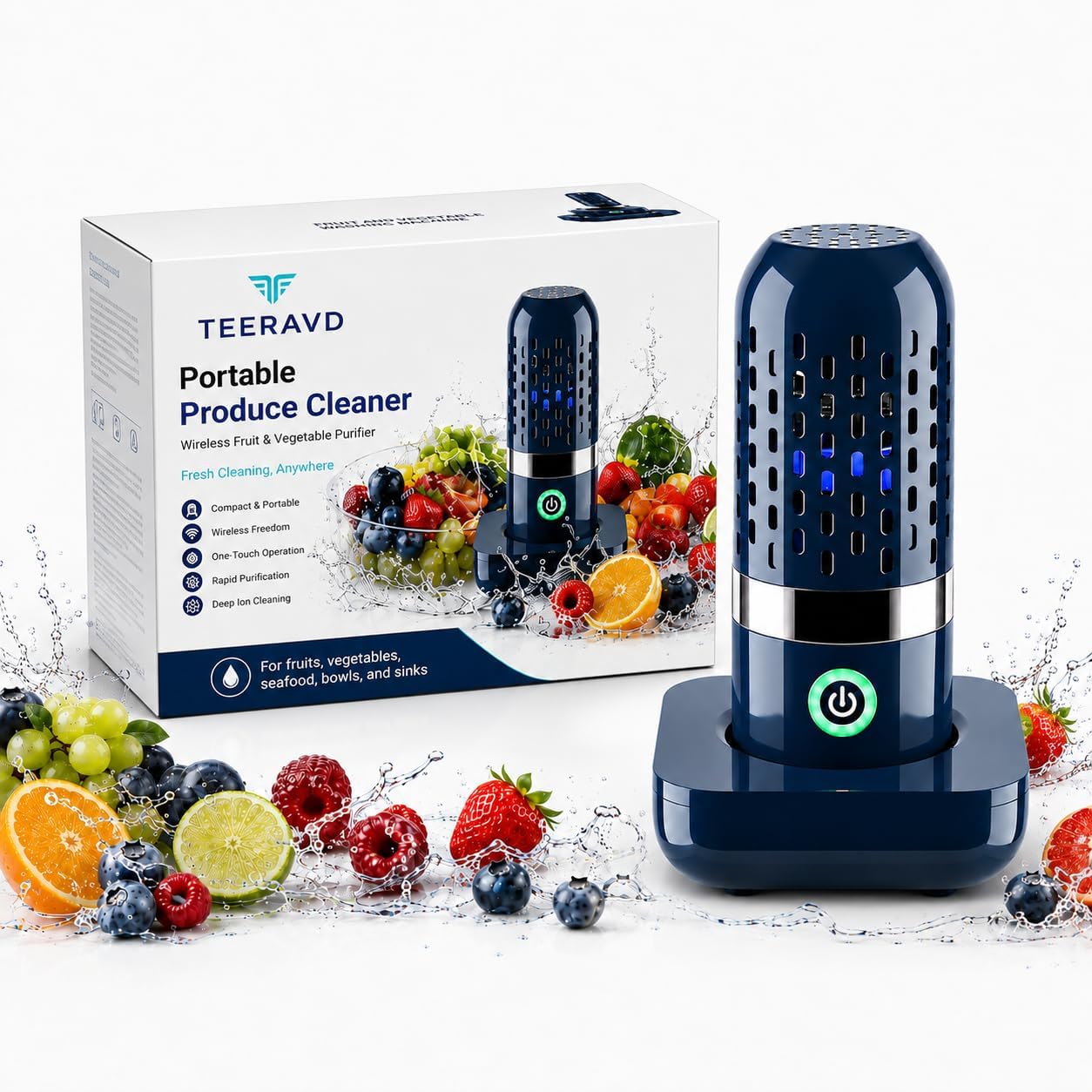 Produce Cleaner Fruit and Vegetable Wash Veggie Washer Spinner Purifier Device Eat Spray Machine for Cleaning Kitchen Washing Salad Pod Ultrasonic Brush Bowl Storage Desinfectante De Frutas (Blue)