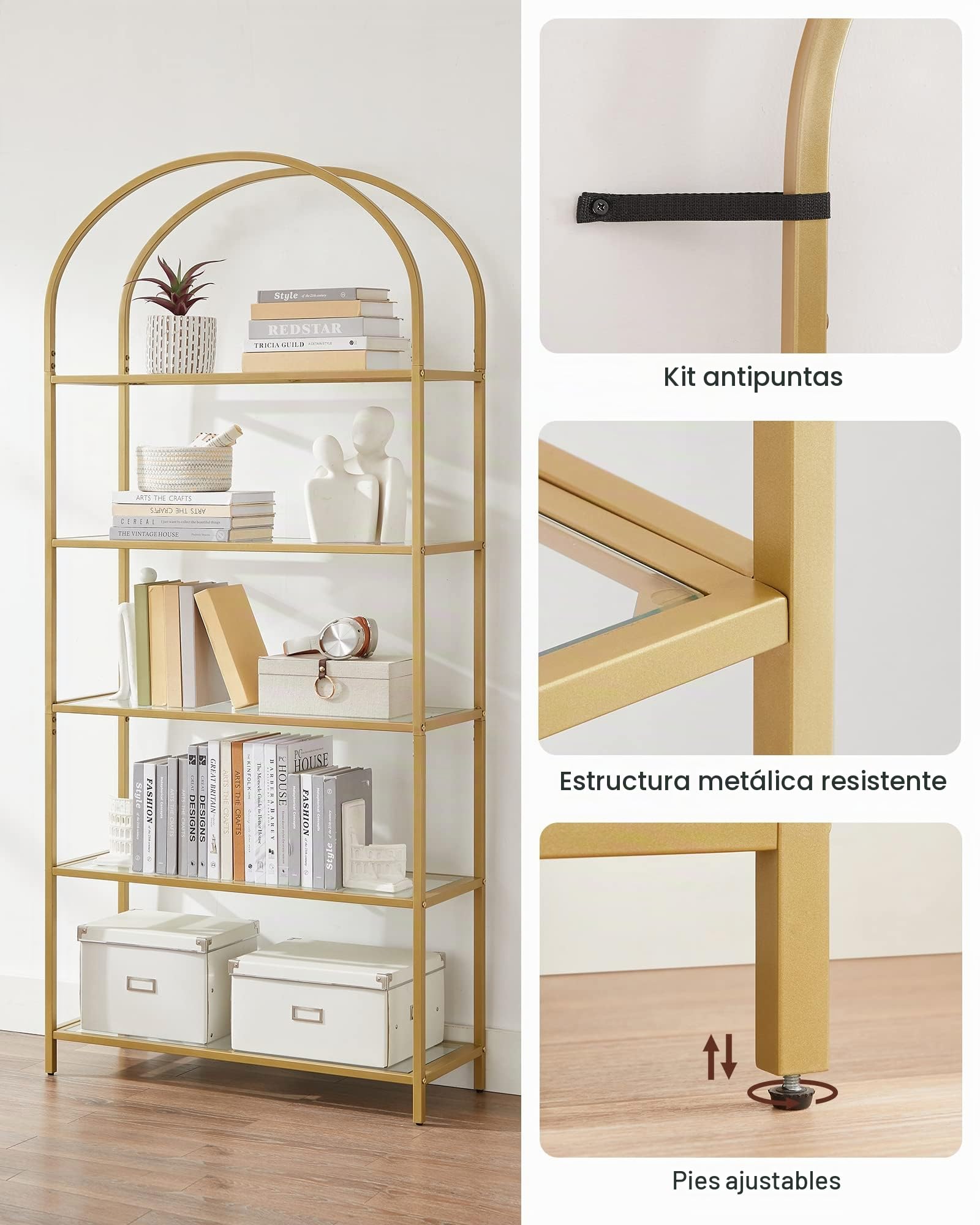 VASAGLE Estantería de 5 Niveles, Estantería de Vidrio Templado, Diseño Arqueado, Marco de Acero, para Salón, Dormitorio, Estudio, Baño, Dorado y Transparente LGT050A01