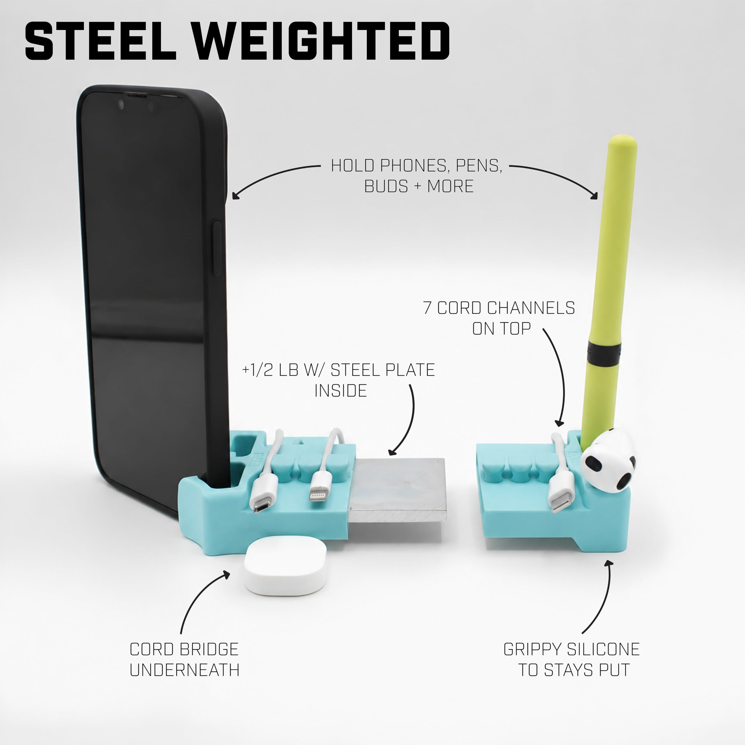 DeskBrick by CordBrick - Organizer per cavi ponderato per scrivania, supporto per telefono, organizer da scrivania per ufficio, gestione dei cavi per la casa, regalo multifunzionale per uomini e