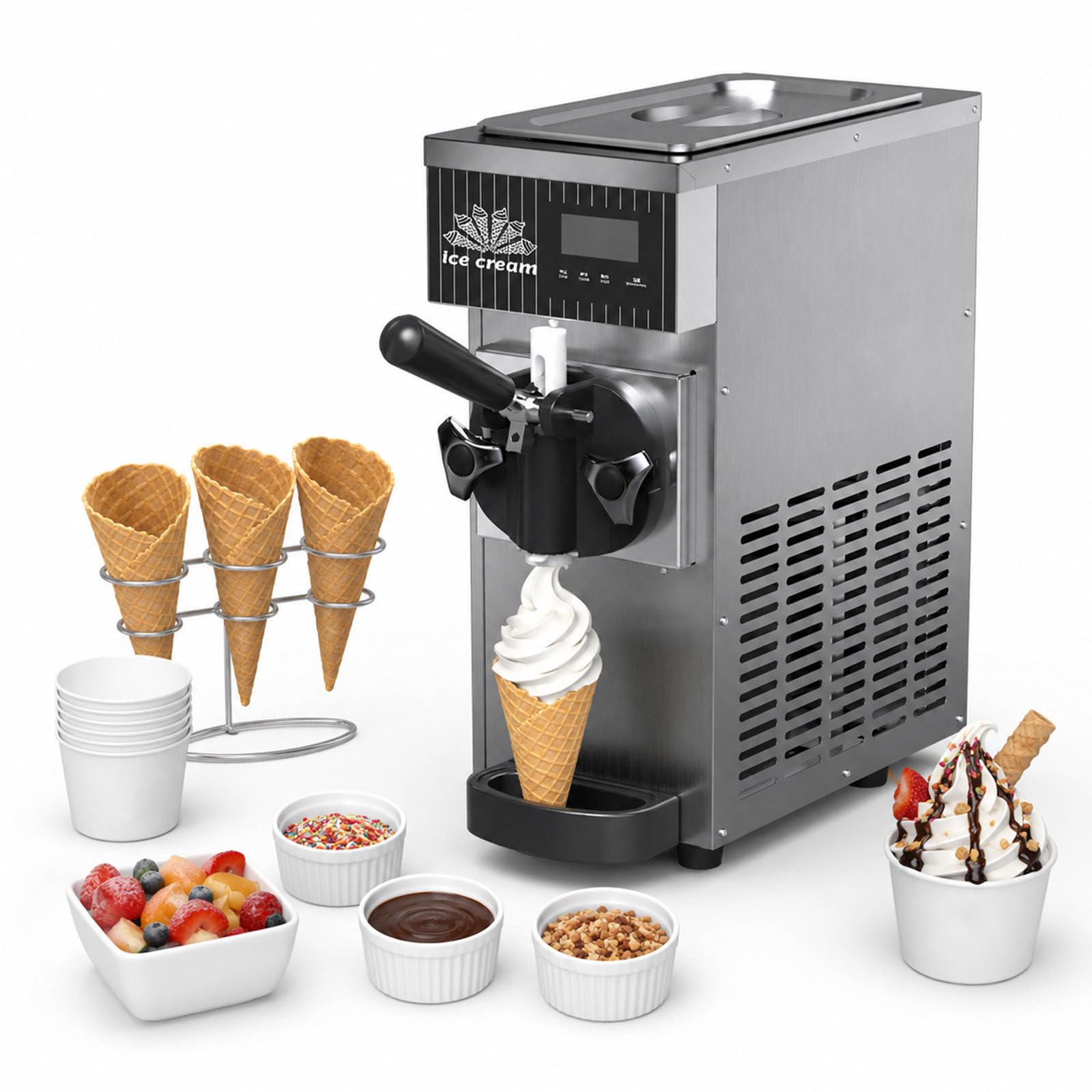 agreilduite Single Flavor Soft Serve Ice Cream Machine - Commercial Grade Countertop Maker - 450W with LED Control Panel and One-Click Auto Clean,with Auto Clean LED Control 4-5L/H Grey
