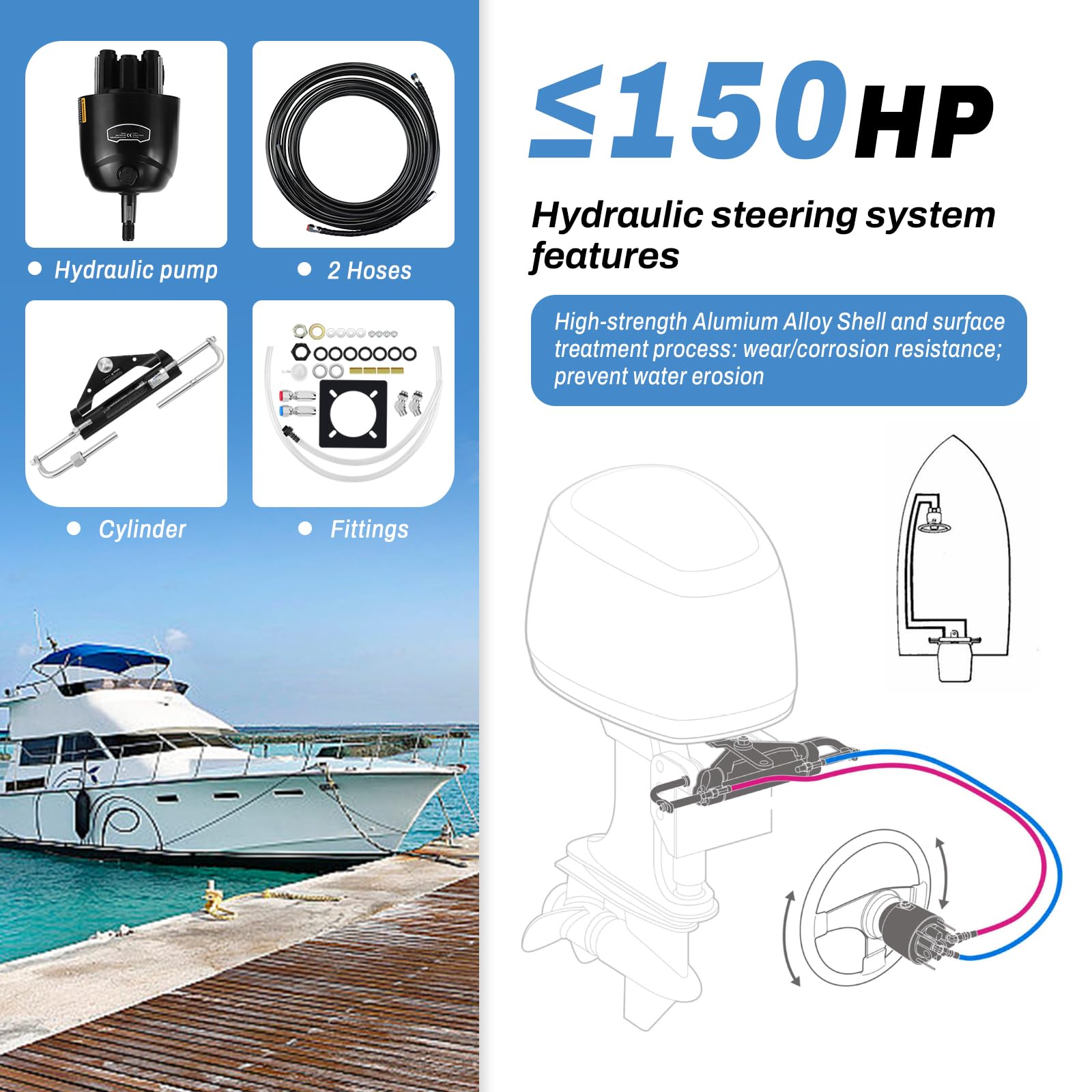 Hydraulisches Außenbord-Steuersystem, 150 HP Boote Drehkit mit Steuerpumpe, Zylinder und 609,6 cm Schlauch, korrosionsbeständiges Marine-Steuerungsset