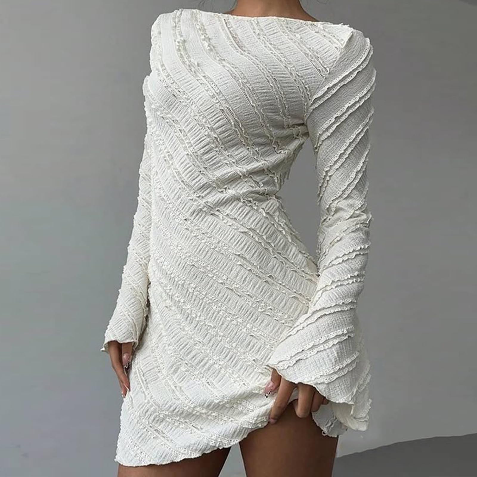 Hanaoops Vestito Donna Sexy a Maniche Lunghe Mini Abito a Maglia Elegante Corto Girocollo Senza Schienale A Linea Vestito Tinta Unita Casual Aderente Abito per Discoteca Cocktail Party Autunno Inverno