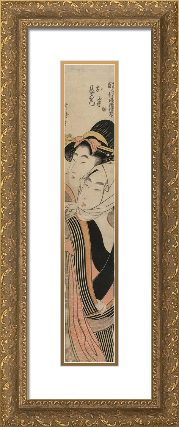 ArtDirect Utamaro, Kitagawa 10x24 Gold Ornate Framed Art Print with Double Matting Titled: The Lovers Ohan and Choemon