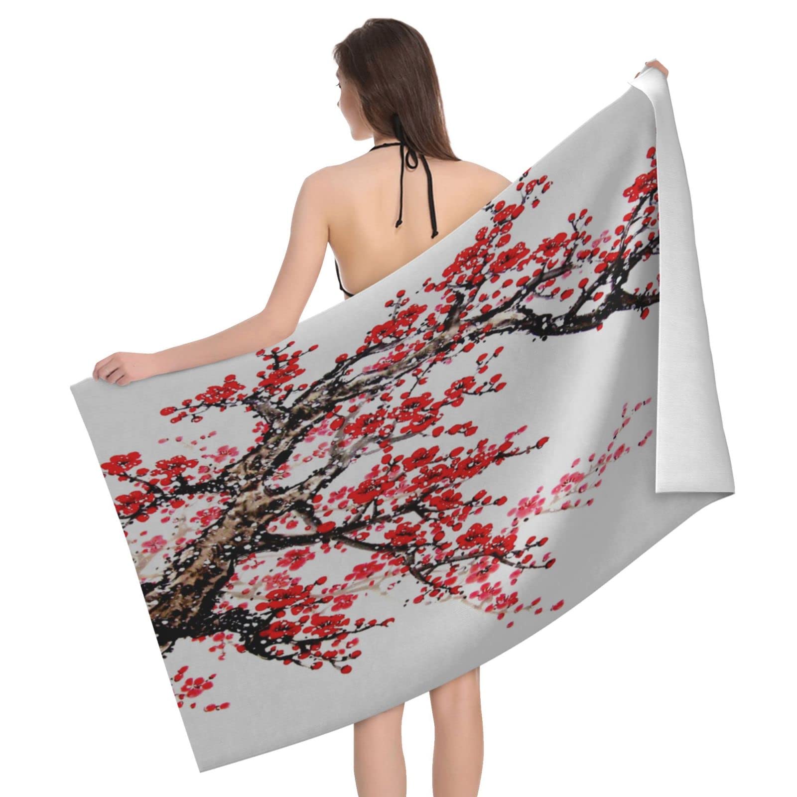 Lawenp Japanese Cherry Tree Blossom Beach Towel, Lightweight Sand Free Quick Dry Microfiber Absorbent Bath Towel for Kids, Adults, Swimming, Bath, Yoga, Pool, Travel, Camping 32"X52"