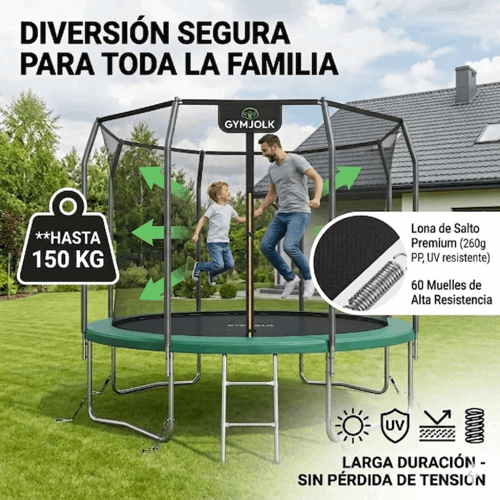 DEVESSPORT Cama Elástica Exterior de 10 Pies (305 cm) con Red de Seguridad, Escalera y Kit de Anclaje | Trampolín de Jardín para Niños y Adultos, Carga Máx 150 kg, 60 Muelles
