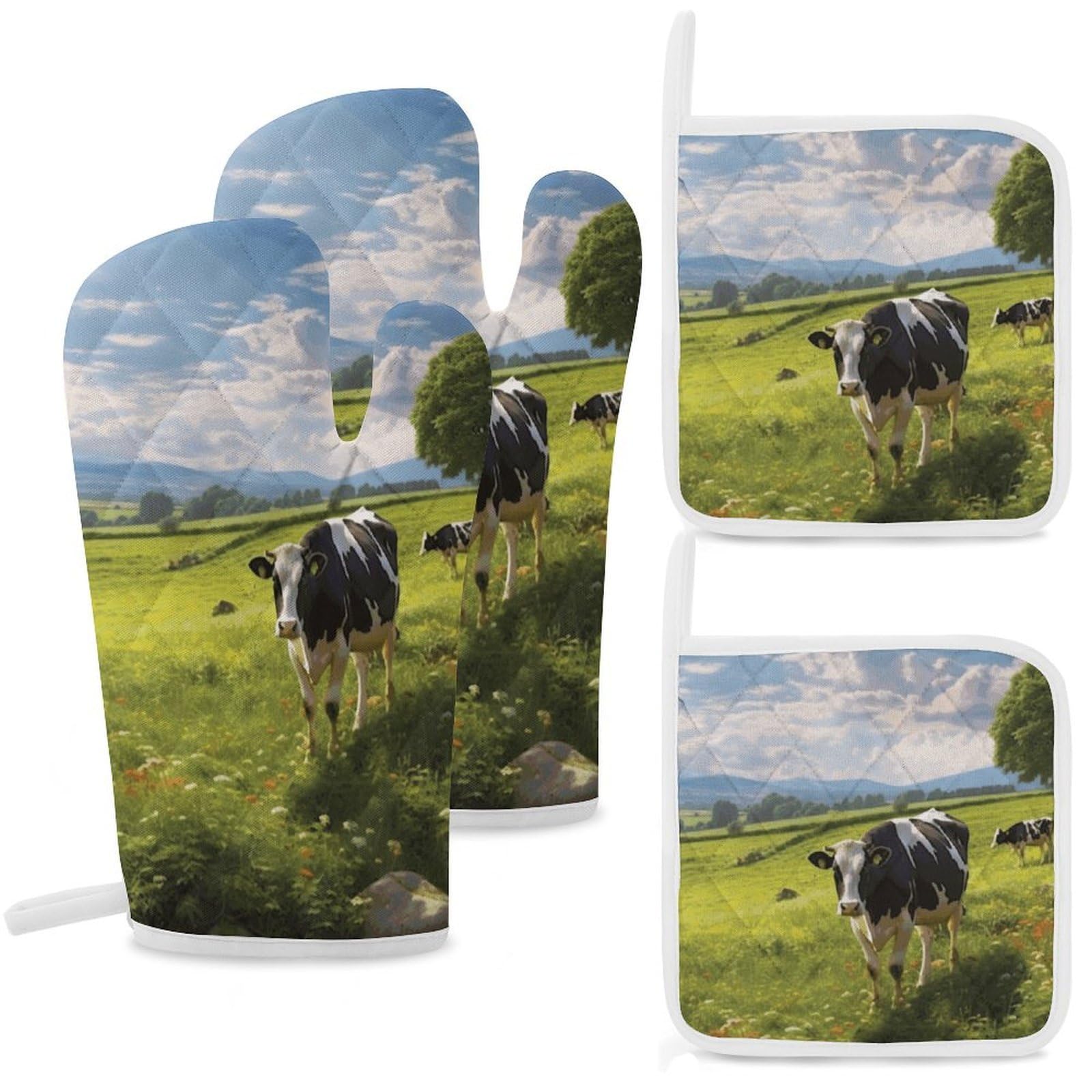 Cows Grazing Oven Mitts and Pot Holders Sets Heat Resistant Oven Glove with Hanging Loop for Baking Cooking BBQ Thicken Potholders for Kitchen