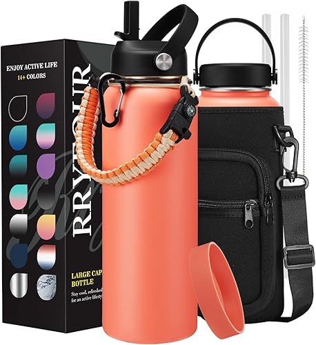 Miniatura 9 de RRYFOUR Botella de agua de 1 galón aislada, jarra de agua de metal con mango de paracaídas, popote y tapa flexible, funda para botella de agua de