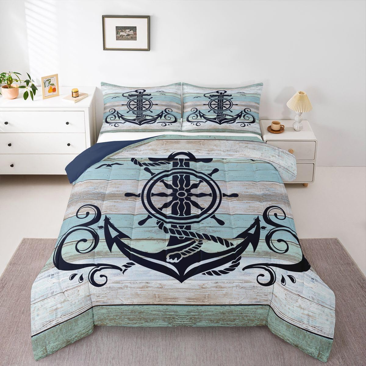 Nautical Anchor Down Comforter, Anchor Compass Comforter Set For Kids Boys Teens Adult Men Bedroom Decor, Rustic Farmhouse Decor Bedding Set Full Size