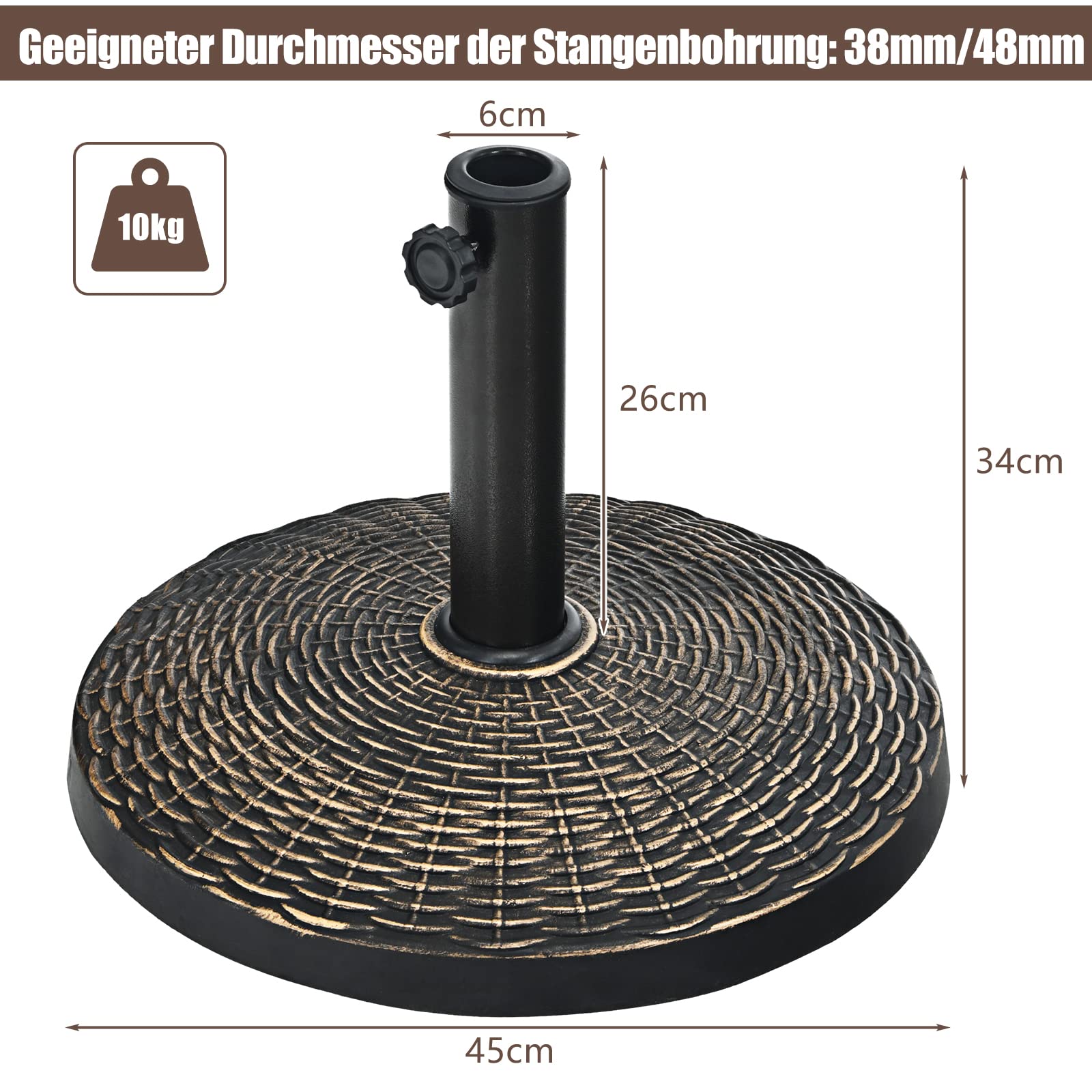 COSTWAY Stojak na parasol przeciwsłoneczny, 10 kg, stojak na parasole 38-48 mm, podstawa parasola przeciwsłonecznego, kolor brązowy, stojak na parasol balkonowy, rattanowy, okrągły stojak do ogrodu, na plażę, basen, brąz