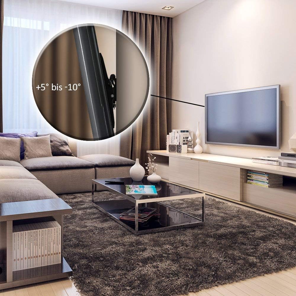 A living room scene with a TV mounted on the wall. An inset circle magnifies the side of the TV and bracket, showing the tilt mechanism and indicating a tilt range of +5 to -10 degrees.