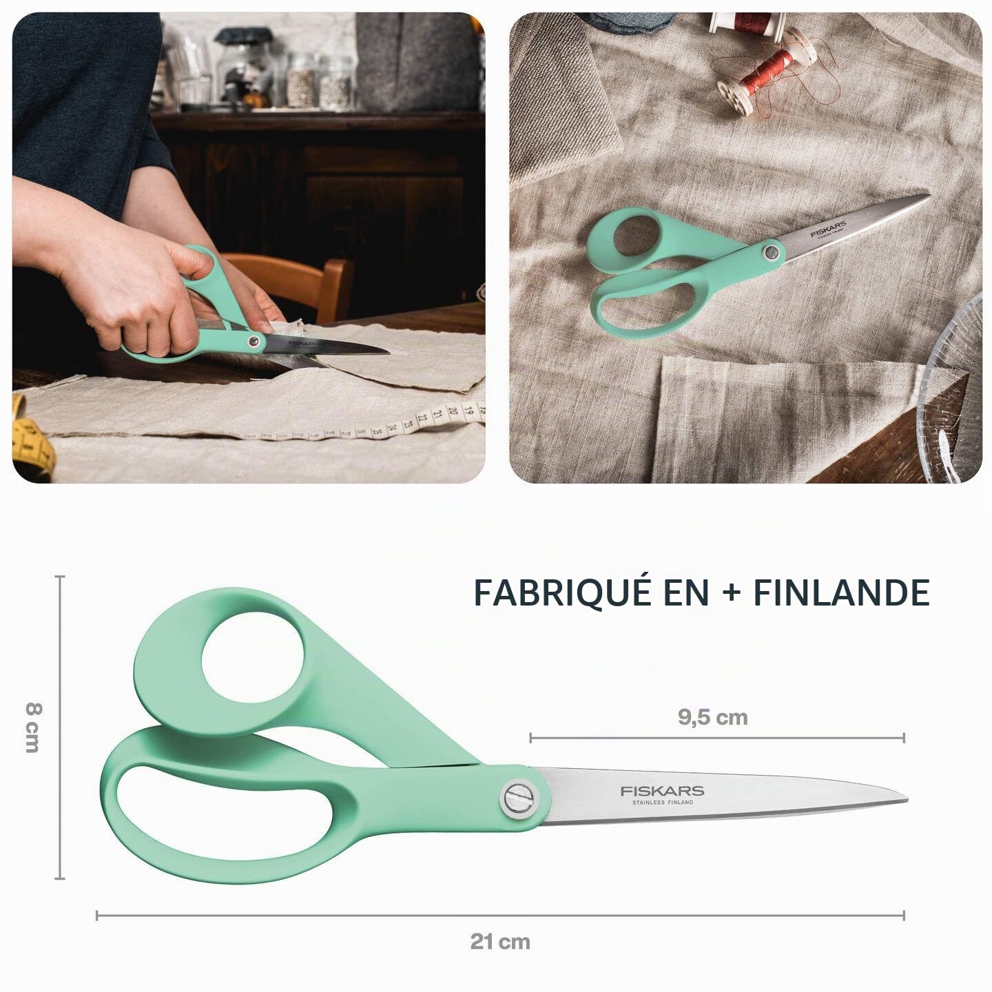 Fiskars Inspiration Ciseaux Universels de 21 cm, Fabriqués en Finlande | Lames en Acier Inoxydable Affûtées avec Précision, Manche Ergonomique, Lavables au Lave-Vaisselle, Couleur Menthe, 1084003