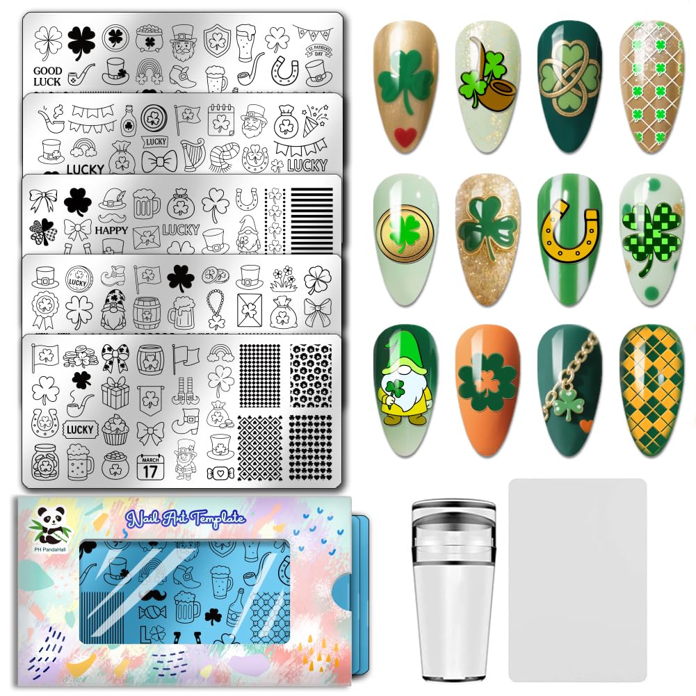 PH PandaHall 5 piastre per stamping per unghie di San Patrizio Lucky Shamrock Nails modelli artistici arcobaleno gnomo unghie immagine timbro trifoglio cappello unghie stencil arte per stampa fai da