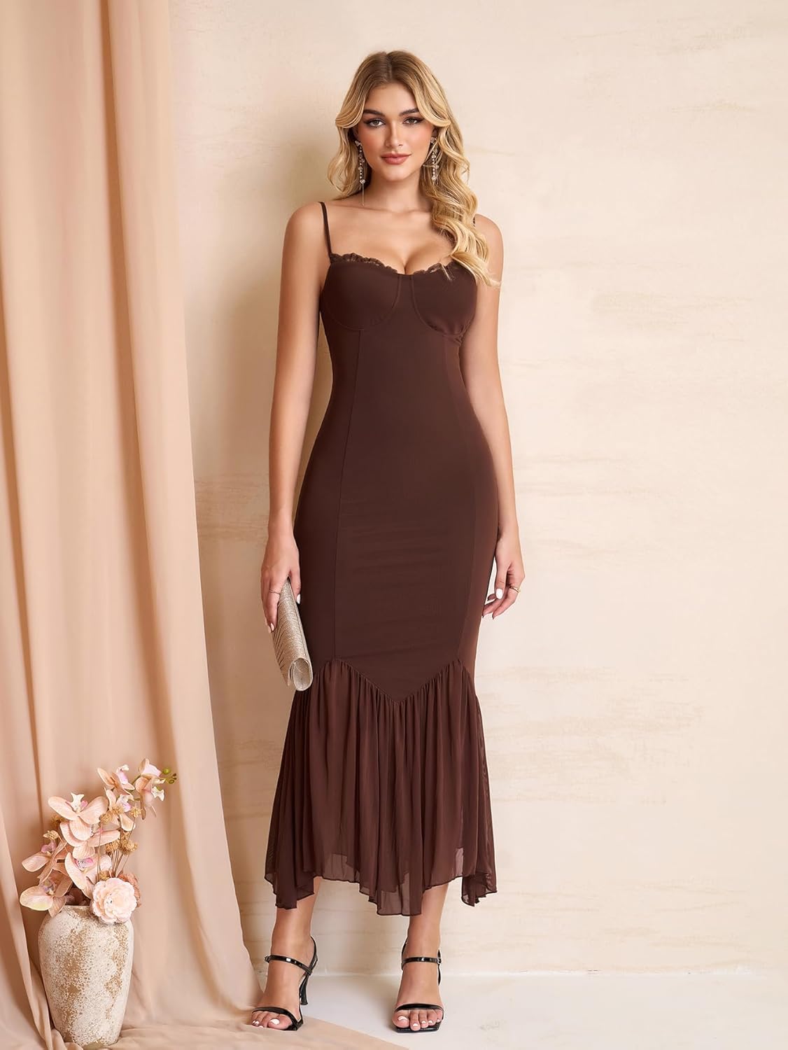 KUTUMAI Women Bodycon Long Formal Dress Asymmetric Hem Lace Neck Wedding Guest Cocktail Maxi Dresses - Image 2