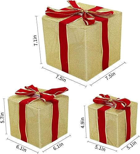 Miniatura 2 de RIZZARI Decoraciones de caja de Navidad juego de 3 cajas de regalo iluminadas de Navidad con lazos rojos para árbol de Navidad, decoración navideña