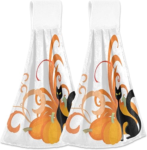 FFYHO Paquete de 2 toallas de cocina con diseño de calabaza y gato negro con bucles para colgar, toallas creativas de otoño para baño, absorbentes,