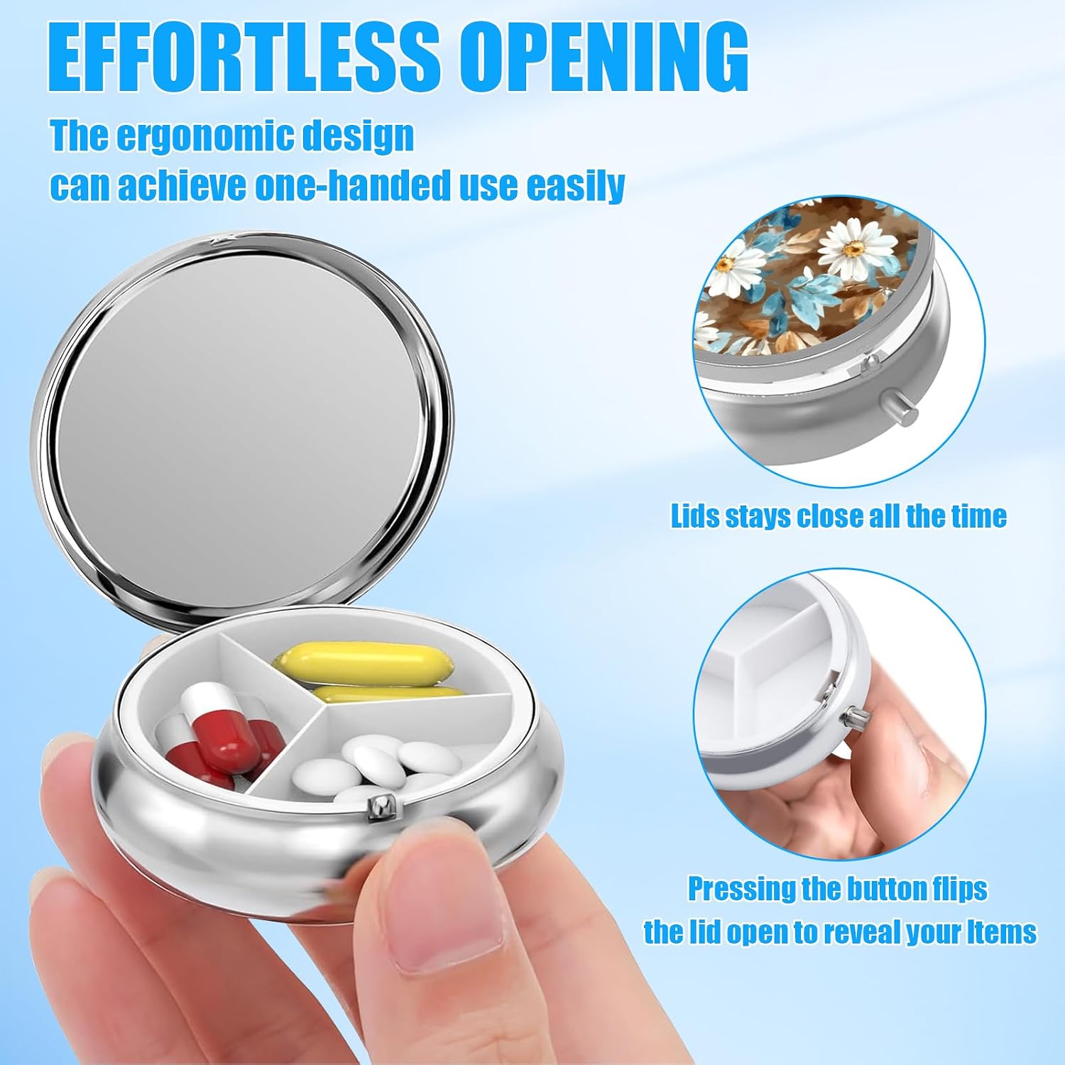Pill Box, 3 Compartments Small Pill Case Travel Portable Metal Medicine Box with Mirror Mini Container for Purse Pocket Women Men（Watercolor Daisy） image 3