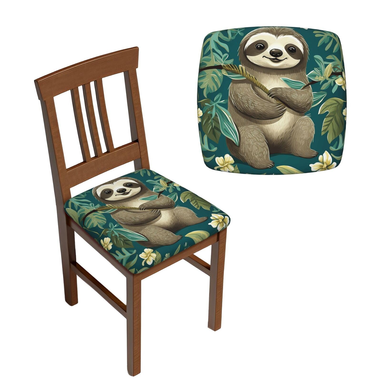 FodPand 2PCS Dining Chair Covers for Dining Room Adorable Sloth Chair Seat Cover Stretch Parsons Chair Slipcover Removable Washable Seat Cushion Slipcovers Cover for Kitchen Office