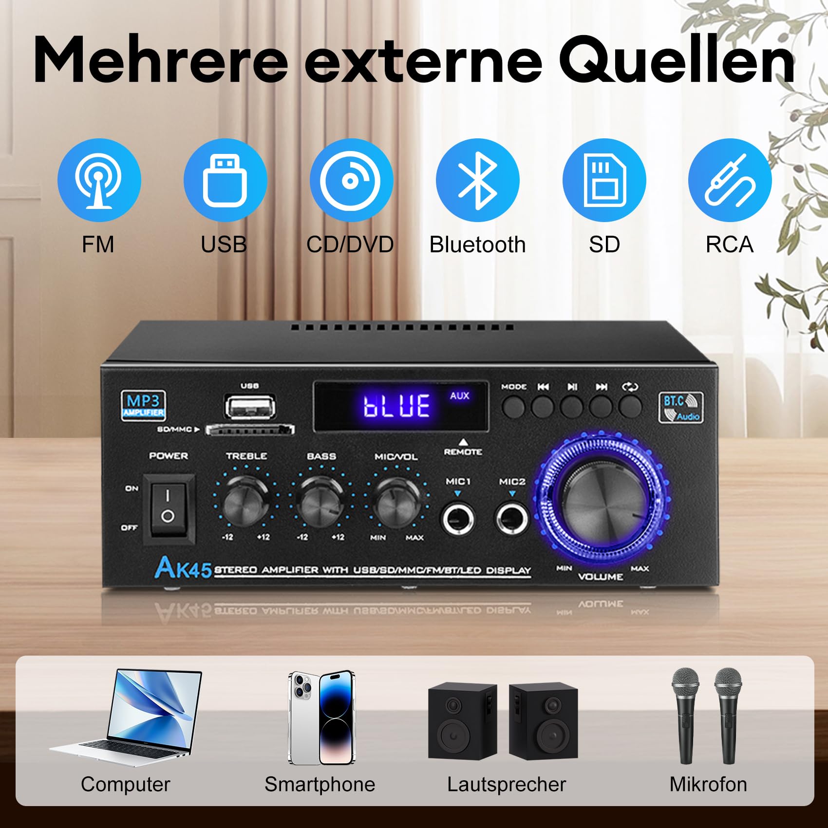 Hifi Verstärker - KKMOL Stereo Verstärker, AK45 Mini Bluetooth Radio Audio Verstärker Receiver, Wiimp Amp,12V/ 220V 400W 2 Kanäle Digitale Endverstärker Soundverstärker mit USB, SD Card, Fernbedienung