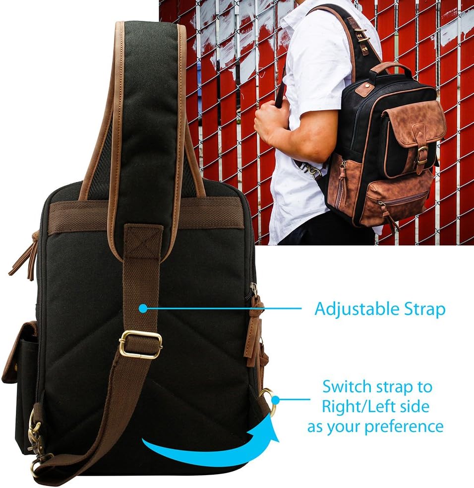 OCT17 Men Chest Shoulder Sling PU Leather Backpack Crossbody Canvas Messenger Outdoor Travel Daypack