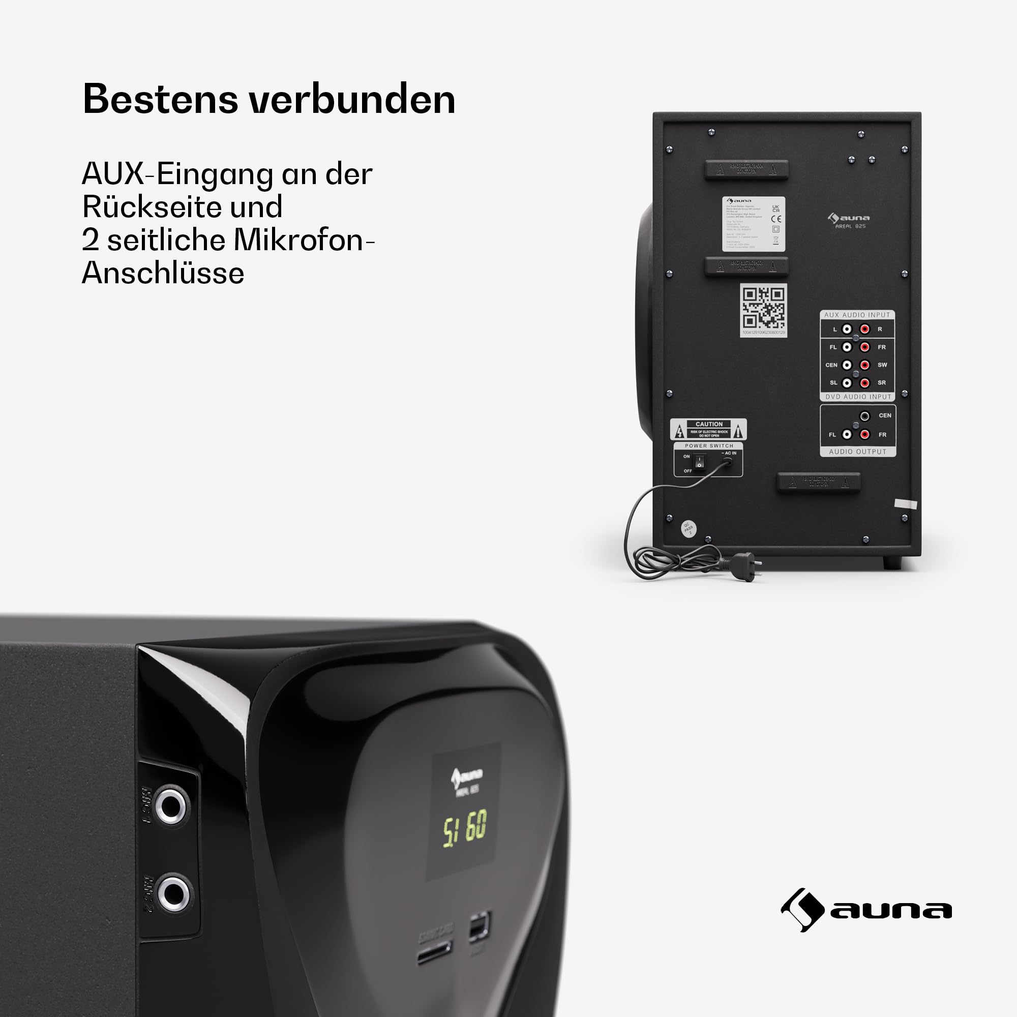 auna Areal 825 5.1 Soundsystem Kabellos mit Bluetooth, 100-W-Subwoofer und RGB-Beleuchtung - USB-/SD-Anschlüsse, AUX und Optischer Eingang, Heimkino-Lautsprecher mit Fernbedienung