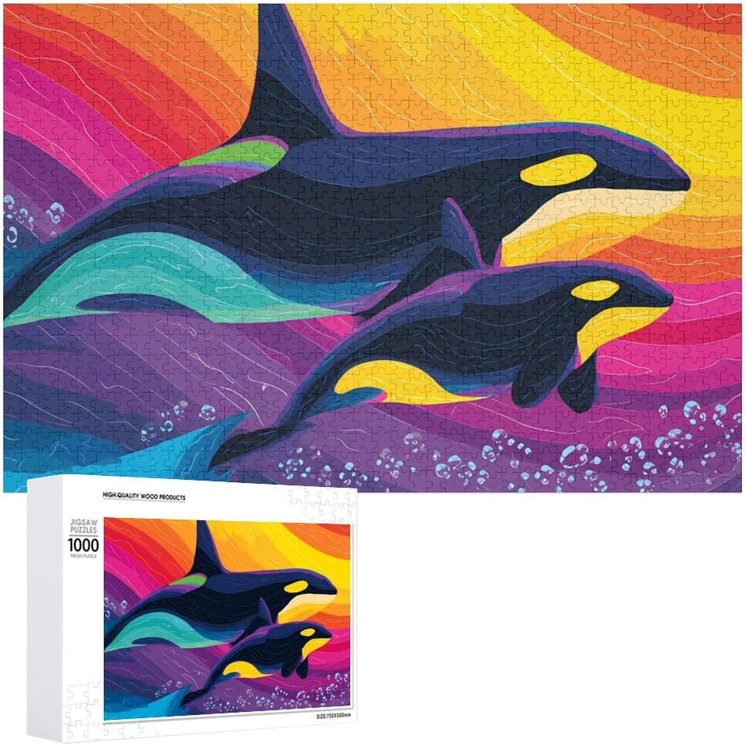 Watercolor Orcas Killer Whales Puzzles for Adults 1000 PCS Wooden Jigsaw Puzzle Wall Decor Christmas