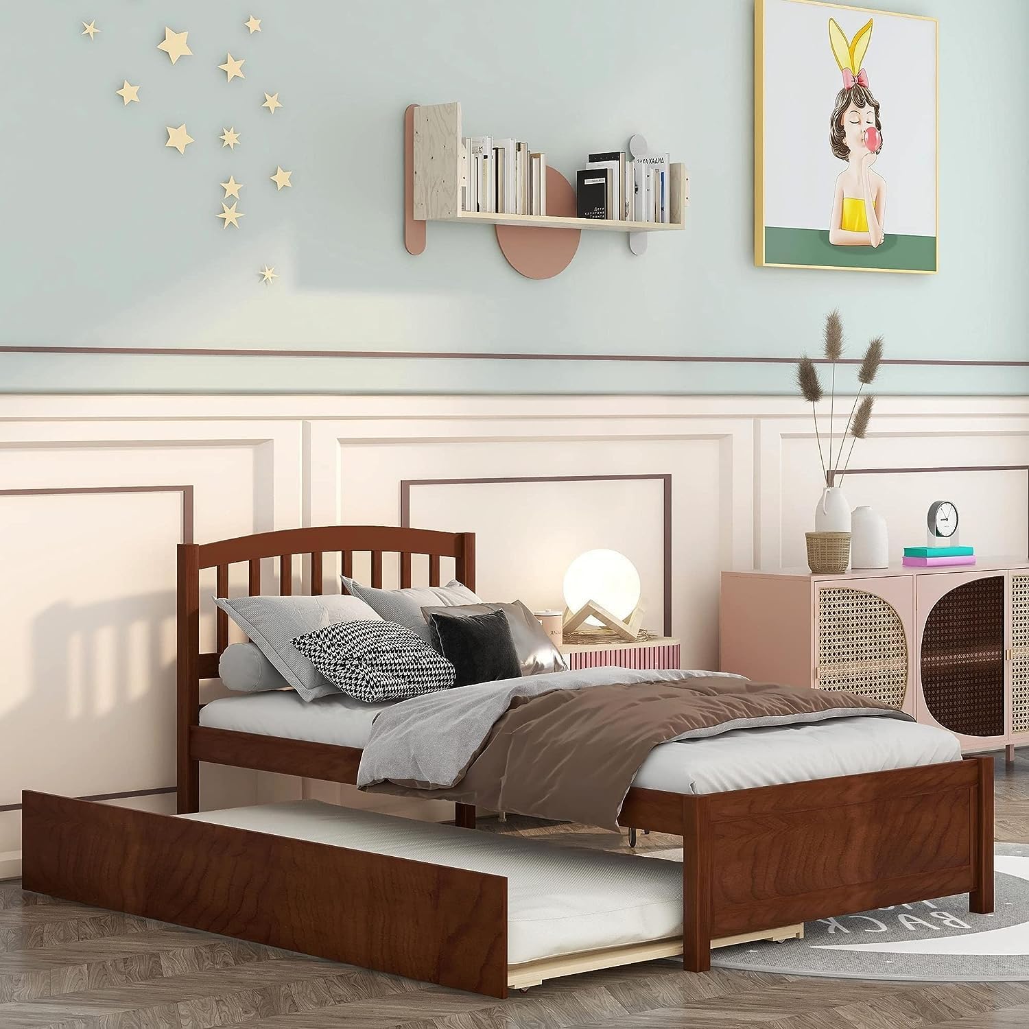 Harper & Bright Designs Twin Bed Frame with Trundle, Twin Bed Frame with Headboard, Wood Twin Platform Bed with Pull Out Trundle for Kids, Guest Room,No Box Spring Needed,Walnut
