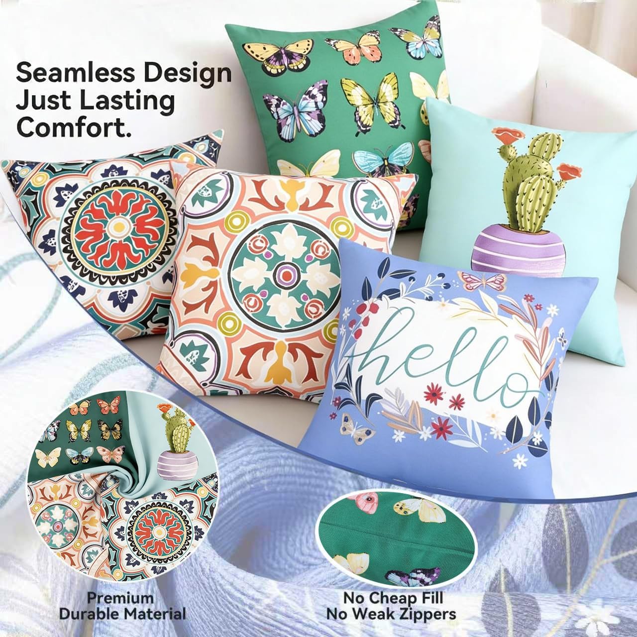 Outdoor Throw Pillows Waterproof Set of 4 18x18 Inches for Sofa, Couch, Bed & Patio Furniture | Green Butterfly Outdoor Pillows with Insert