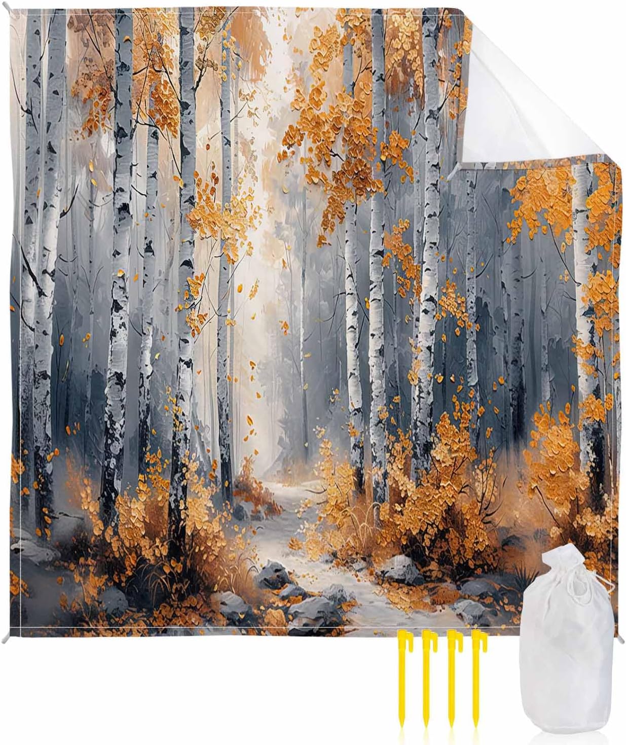 Abstract Autumn Forest Natural Scene Beach Blanket Waterproof Sandproof Outdoor Picnic Mat 118"x108" Oil Painting Art Tree Plant Lightweight Large Beach Blankets with 4 Stake & 4 Corner Pockets