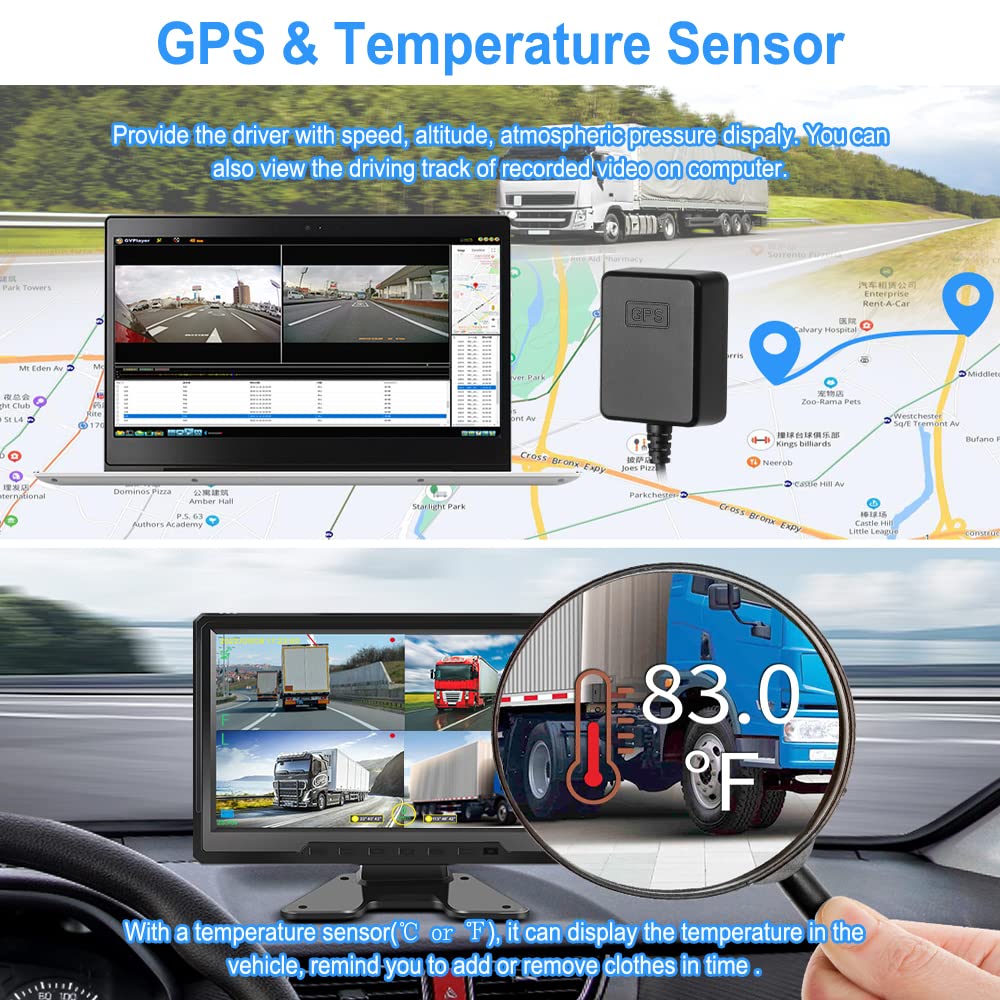 VSYSTO 4CH HD 1080P Camion Dash Cam, 10.1 '' Monitor Veicolo Backup Camera per Semi Trailer Van Trattore RV, Front & Sides & Rear Cam, GPS, Lente di Visione Notturna Infrarossa, Sensore di Temperatura