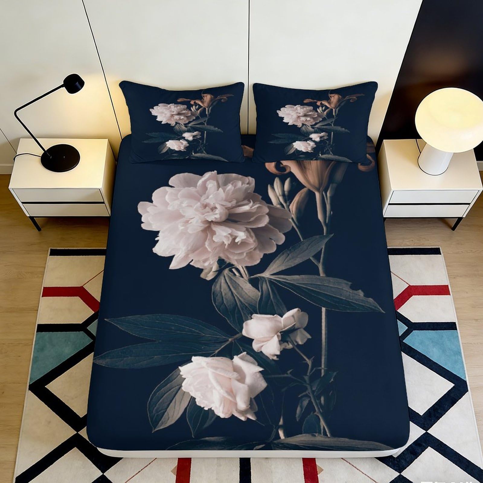 3D Printed Pink Peony Fitted Sheet Microfiber Soft Breathable Floral Bed Cover for Bedroom Dorm Mattress Decor 90x200x25cm