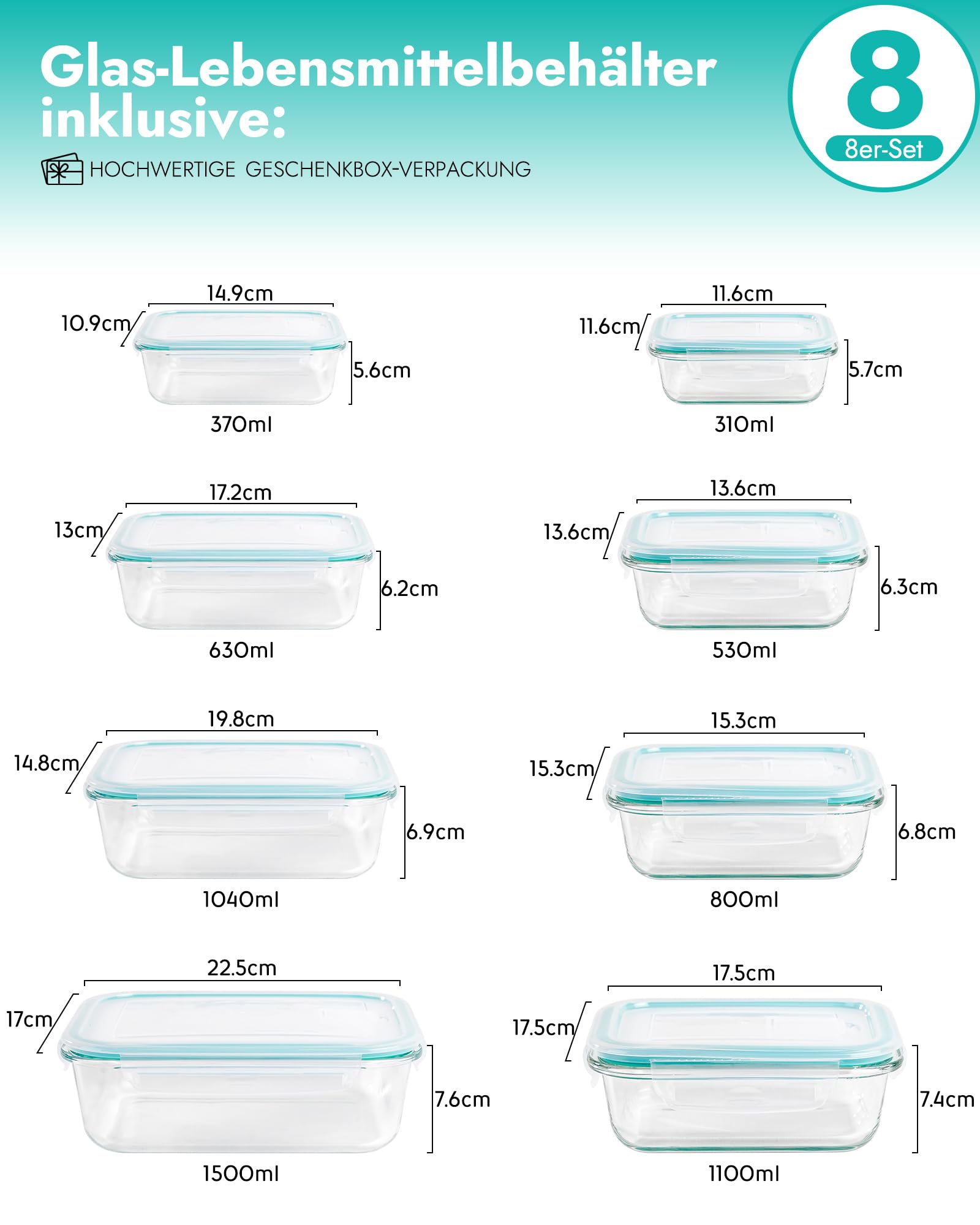Frischhaltedosen aus Glas 8er-Set – Vorratsbehälter, Ofenfest (-20°C bis 510°C), Luftdichter Verschluss, Stapelbar, Geschenkverpackung