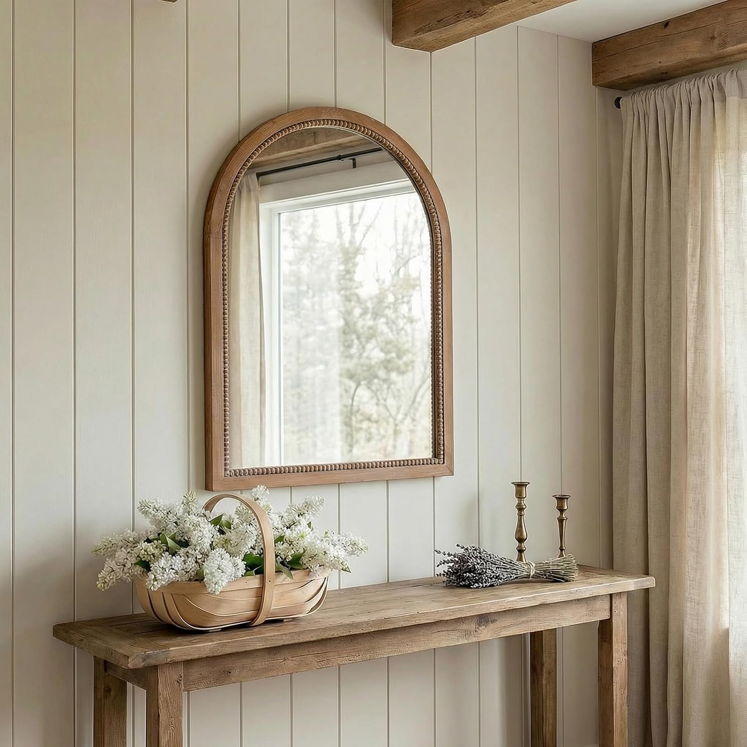 Arch Wood Mirror,22x30 inch Arched Rustic Farmhouse Natural Wooden Frame Boho Beads Wall Mirror for Bathroom,Living Room,Bedroom or Entryway