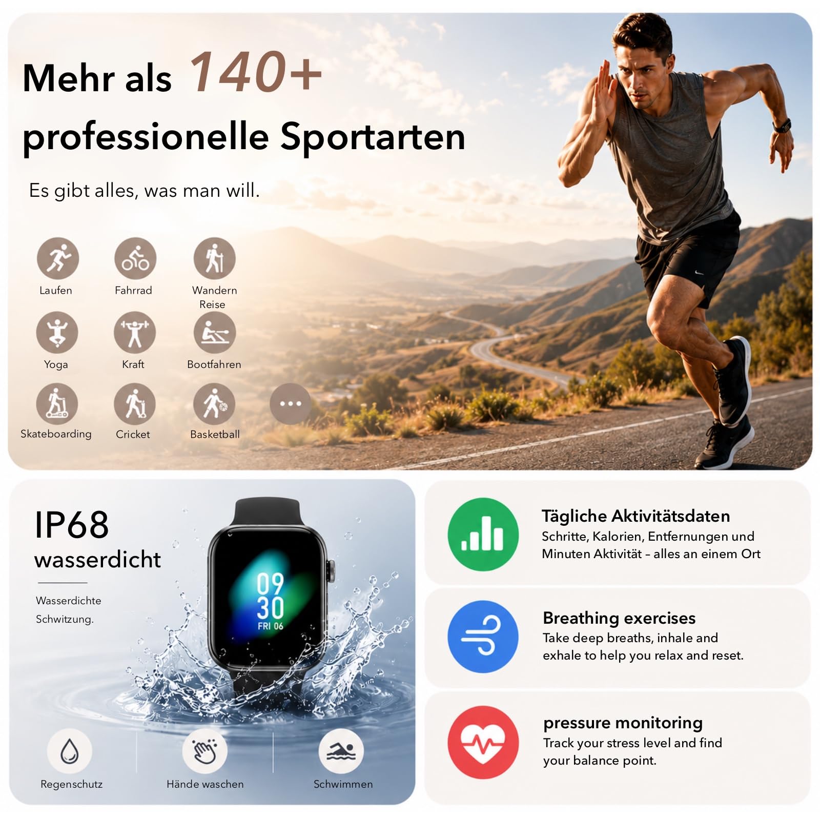 Smartwatch Damen Herren 1,85" HD Touch Fitnessuhr mit Telefonfunktion, 140+ Sportmodi, Pulsmesser, Schlafmonitor, Schrittzähler, IP68 Wasserdicht iOS Black