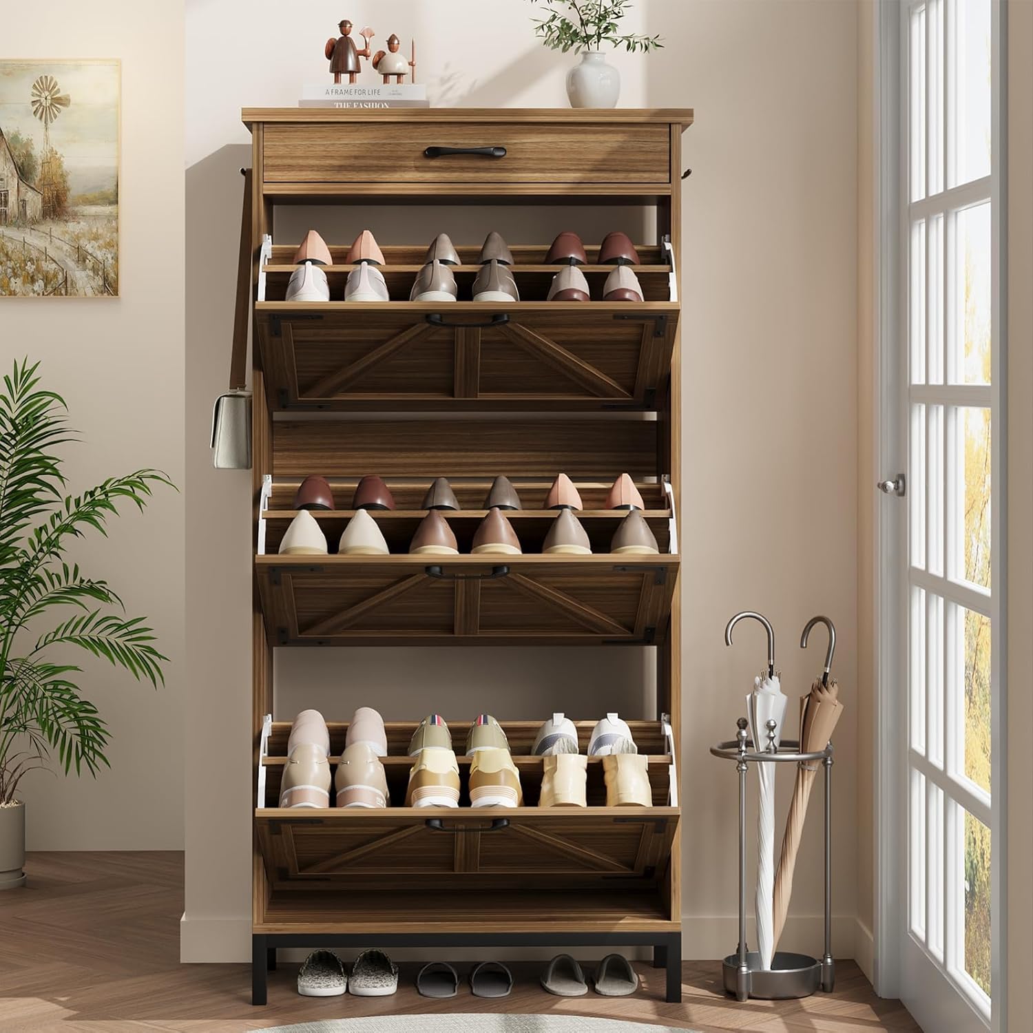 Jocoevol Shoe Cabinet with all three flip drawers open, displaying various shoes.