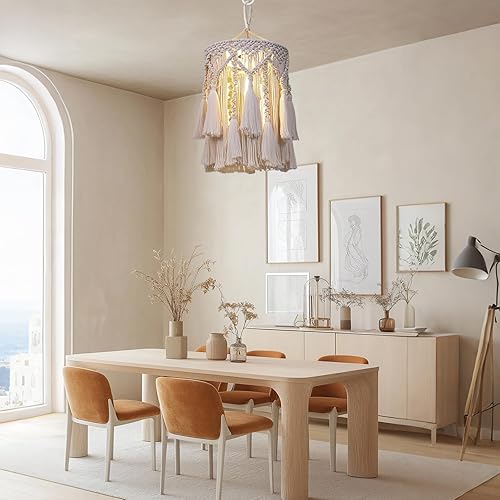 Miniatura 5 de Lámpara colgante bohemia, pantalla bohemia con lámpara colgante enchufable para dormitorio, luz colgante de macramé con cable enchufable para sala
