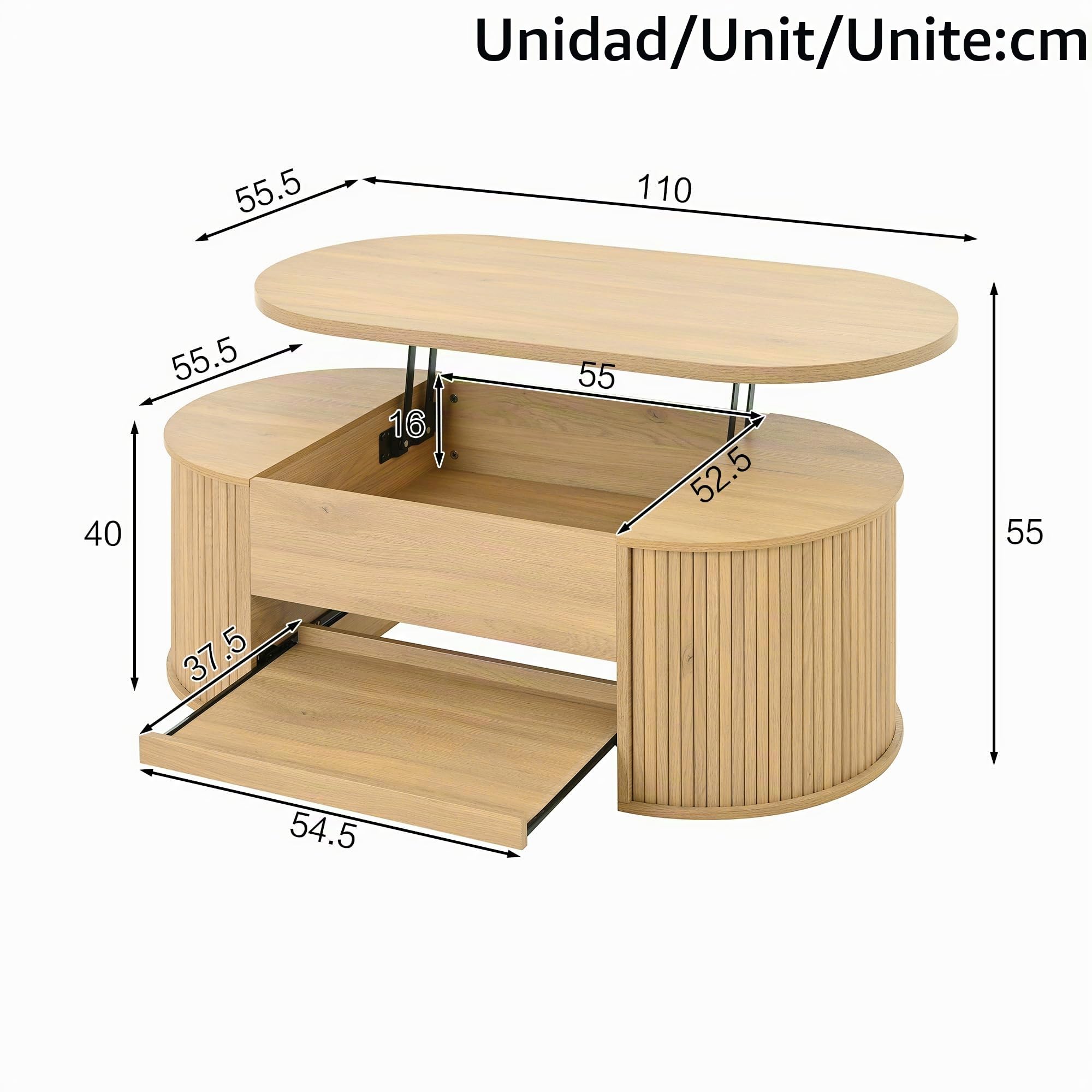 Mesa de centro con lados curvos de madera, estante extensible, mesa elevable, mueble de salón multifuncional 60 x 110 cm (color madera)