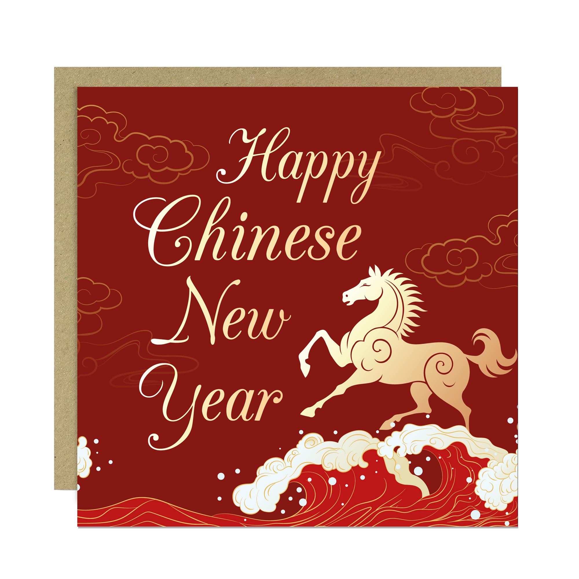 RED OCEAN Happy Chinese New Year Luna 2026 Year of The Horse Card For Family, Friends or Couples 145x145mm With Kraft Envelope