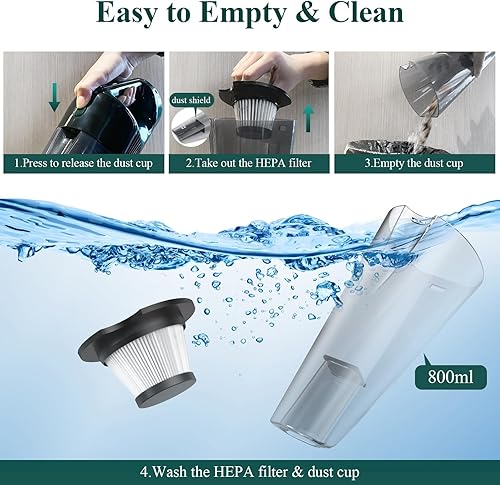 Miniatura 6 de Minthouz Aspiradora de mano inalámbrica, aspiradora de coche de succión fuerte con luz LED, aspiradora de mano de larga duración recargable