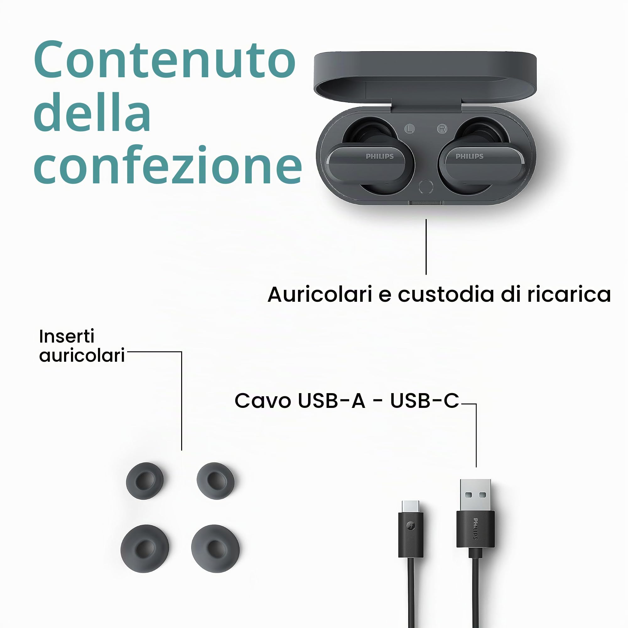 Philips TAT3508BK/00 Cuffie True Wireless | Auricolari in Silicone con Audio Naturale | Cancellazione del Rumore | Fino a 21 Ore di Riproduzione | Bluetooth | Microfono | Cavo USB-C | Nero