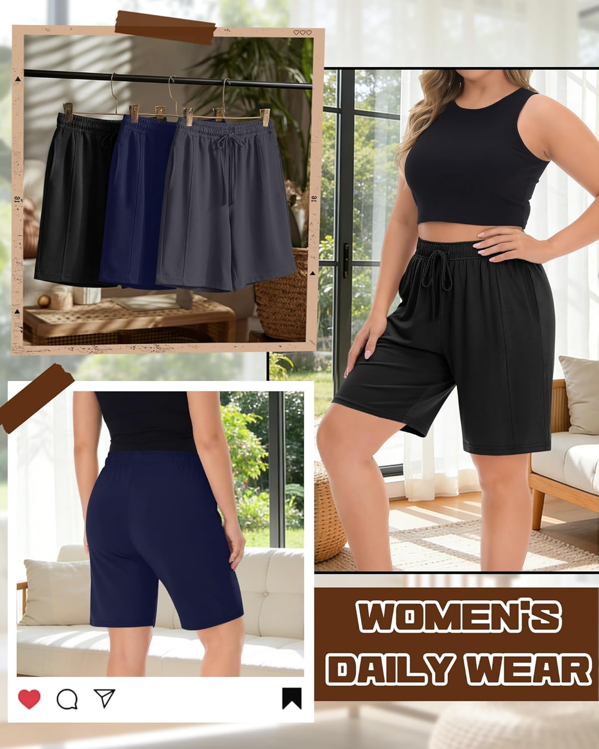 3 Pack Women's Plus Size Bermuda Shorts Wide Leg Elastic Drawstring Athletic Shorts Yoga Pants with Pockets